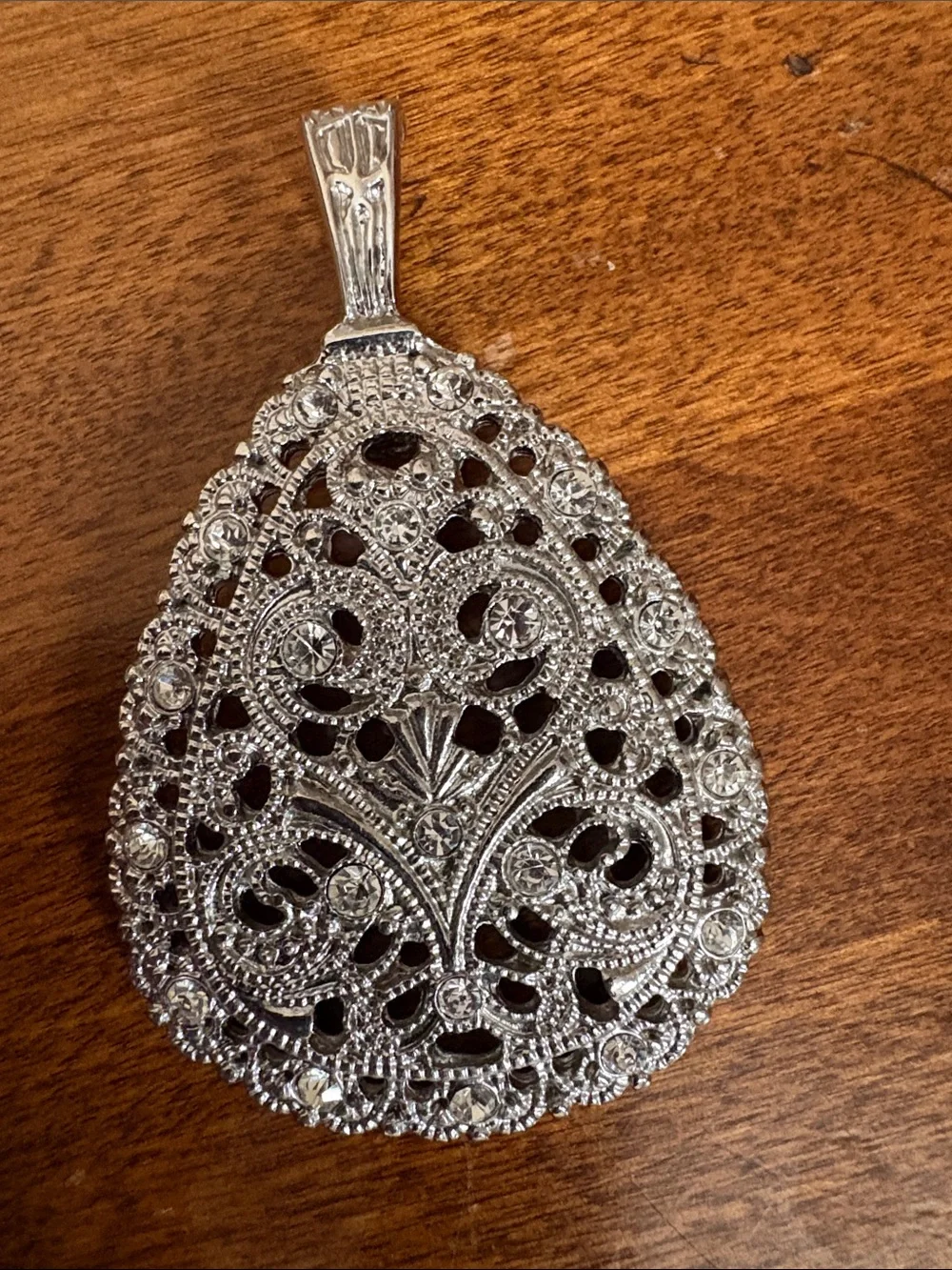 Elegant Silver-Tone Filigree Pendant Necklace and Bangle Set - Silver